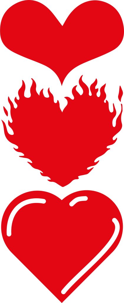 Drei schematische rote Herzen übereinander, das oberste etwas flach gedrückt, das mittlere mit Flammen, das unterste mit angedeuteten Lichtreflexen.